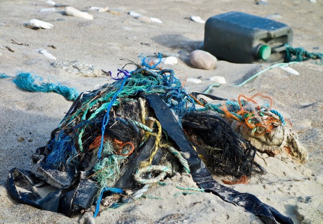 Plastic waste, as well as fishing nets and ropes are washed to shore at a beach near Agger at the North Sea in Denmark (Credit Image: Patrick Pleul/DPA/PA Images)