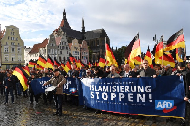 An AfD march in Rostock. Credit: Ralf Hirschberger/AFP/Getty 