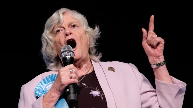 Ann Widdecombe delivers a speech during a Brexit Party campaign event. (Photo by Ian Forsyth/Getty Images)