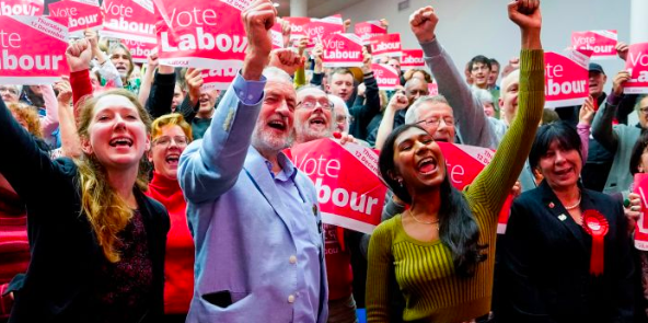 Jeremy Corbyn and Ash Sarkar (R)
