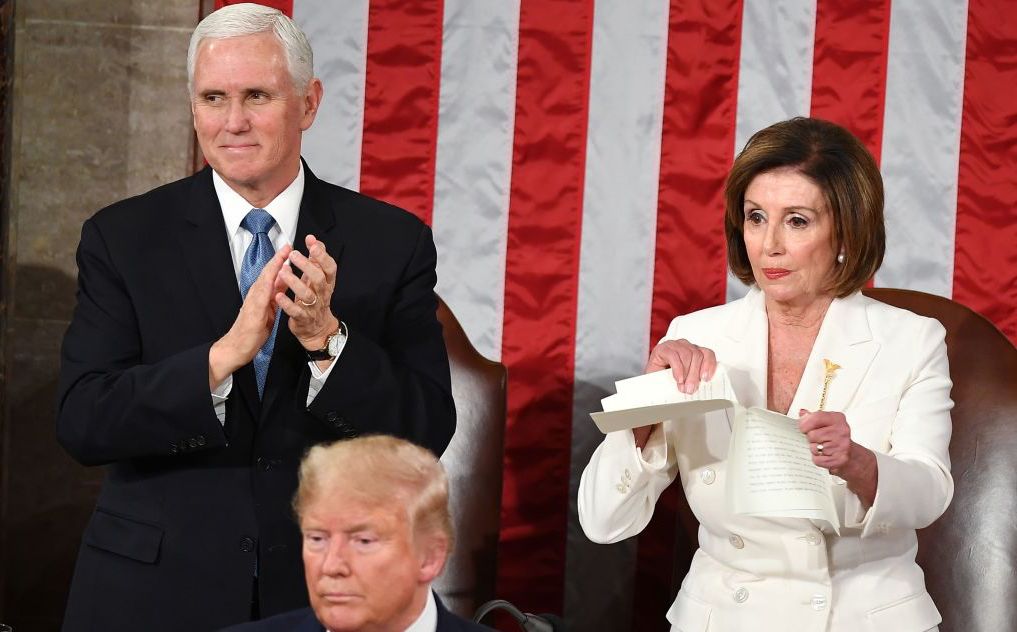Nancy Pelosi engaged in some theatrics of her own, ostentatiously ripping up a copy of Trump's speech. Credit: Getty