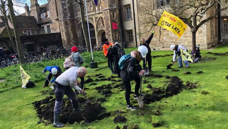Yesterday, in a flagrant act of vandalism, the group tore apart the iconic front lawn of my alma mater, Trinity College, Cambridge