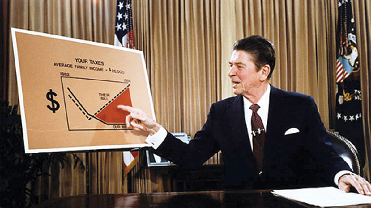 The Reagan government cut social spending, deregulated industries and relaxed antitrust rules