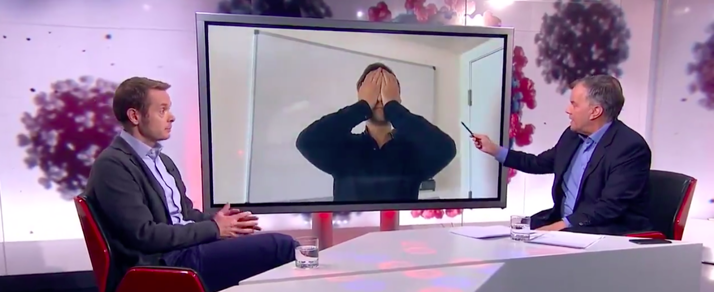 Tomas Pueyo (centre), an entrepreneur and epidemiology professor John Edmunds (L) debate the merits of herd immunity in March. Credit: C4