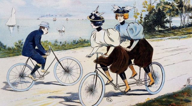 Two wheels better: a tandem ride beside a lake, 1896 (Photo by DeAgostini/Getty Images)