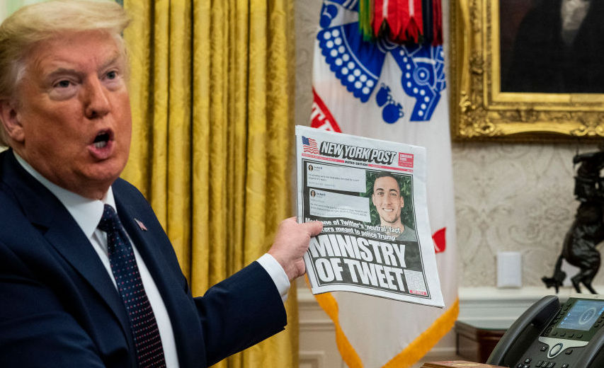 Donald Trump make remarks before signing an executive order in the Oval Office that will punish Facebook, Google and Twitter for the way they police content online. Credit: Doug Mills
