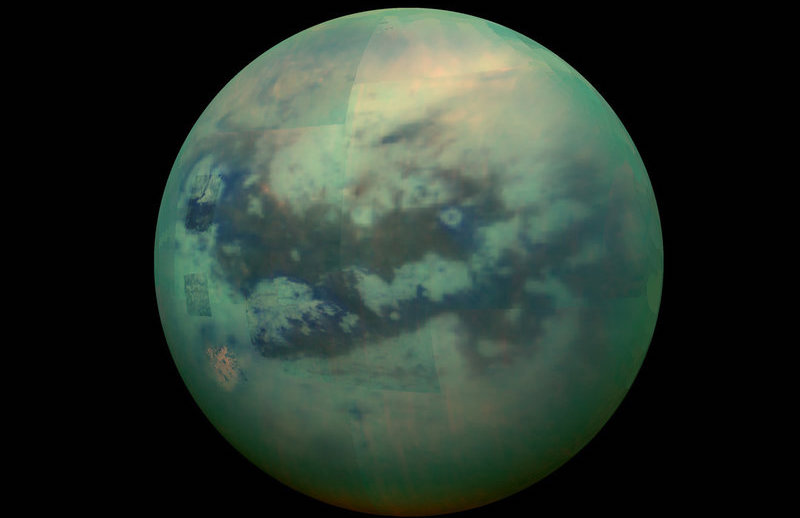A composite image of Saturn's moon Titan taken by the Cassini spacecraft. Credit: Nasa