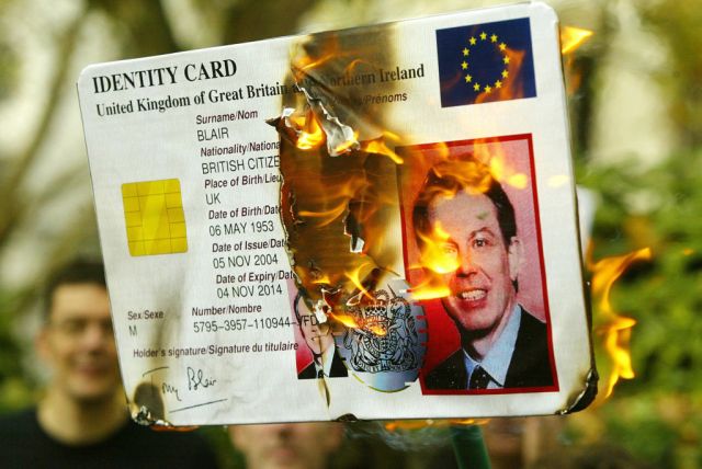 A protest against a British national identity card in 2004. Credit: NICOLAS ASFOURI/AFP via Getty Images