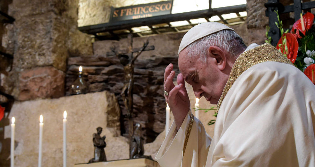 Pope Francis celebrates Mass in the Basilica of St. Francis, Assisi, Italy. Credit: Getty