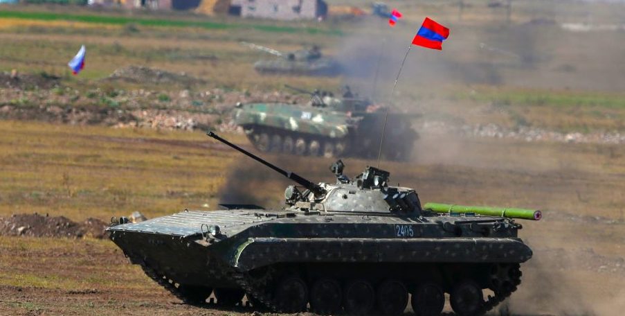 An Armenian tank takes part in a military exercise at the Alagyaz training ground