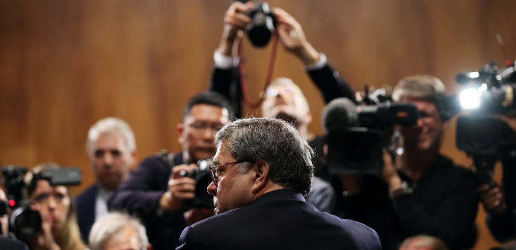 Lights, camera... Barr testifying on investigations into Russian interference with the 2016 election. Credit: Getty