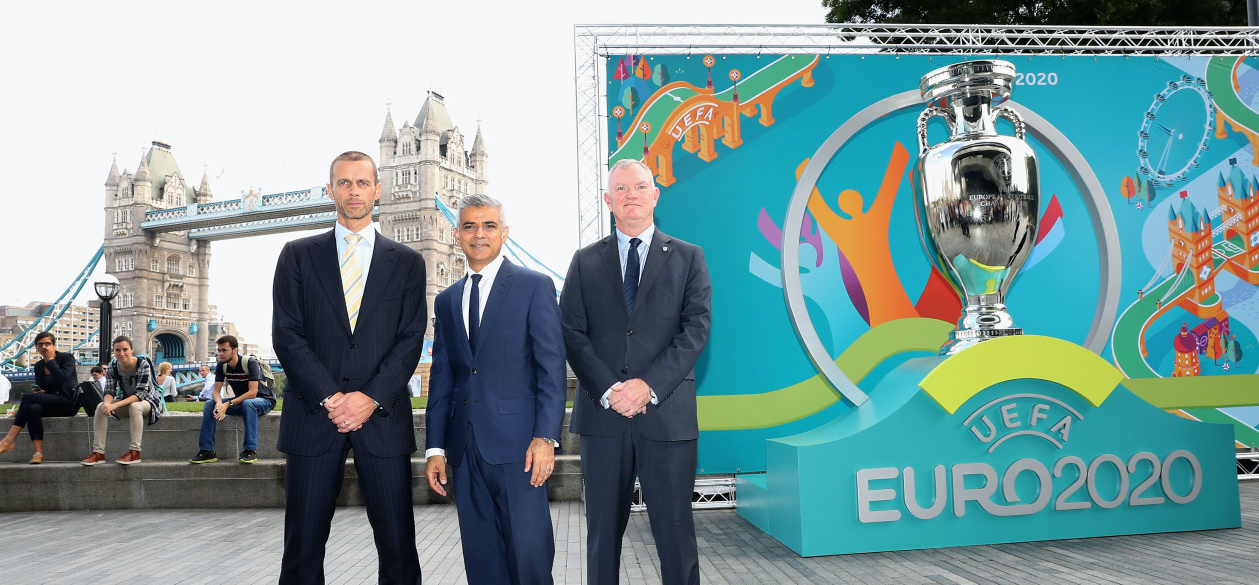 UEFA President, Aleksander Ceferin , Mayor of London, Sadiq Khan and FA Chairman Greg Clarke pose for the camera's during the UEFA 2020 launch in 2016. Credit: Getty