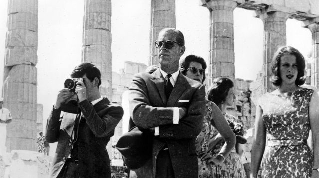 Just visiting: Prince Charles (left) the Duke of Edinburgh (centre) and Princess Anne at the Acropolis, Greece, 1964.  Credit: Keystone/Hulton Archive/Getty