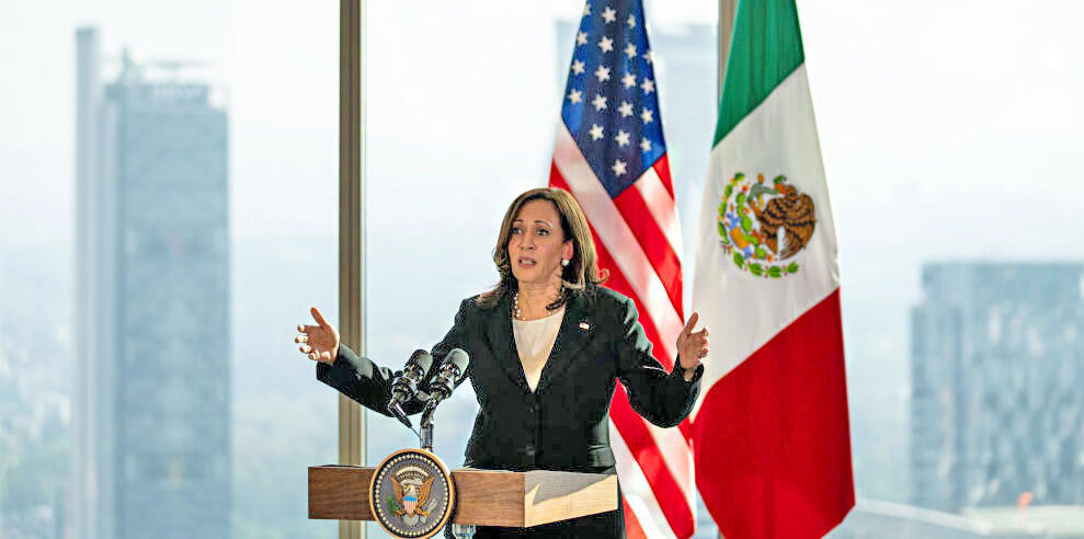 Vice President Kamala Harris speaks in Mexico. Credit: Getty