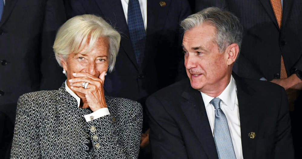 ECB President Christine Lagarde speaks with US Chairman of the Federal Reserve Jerome Powell. Credit: Getty