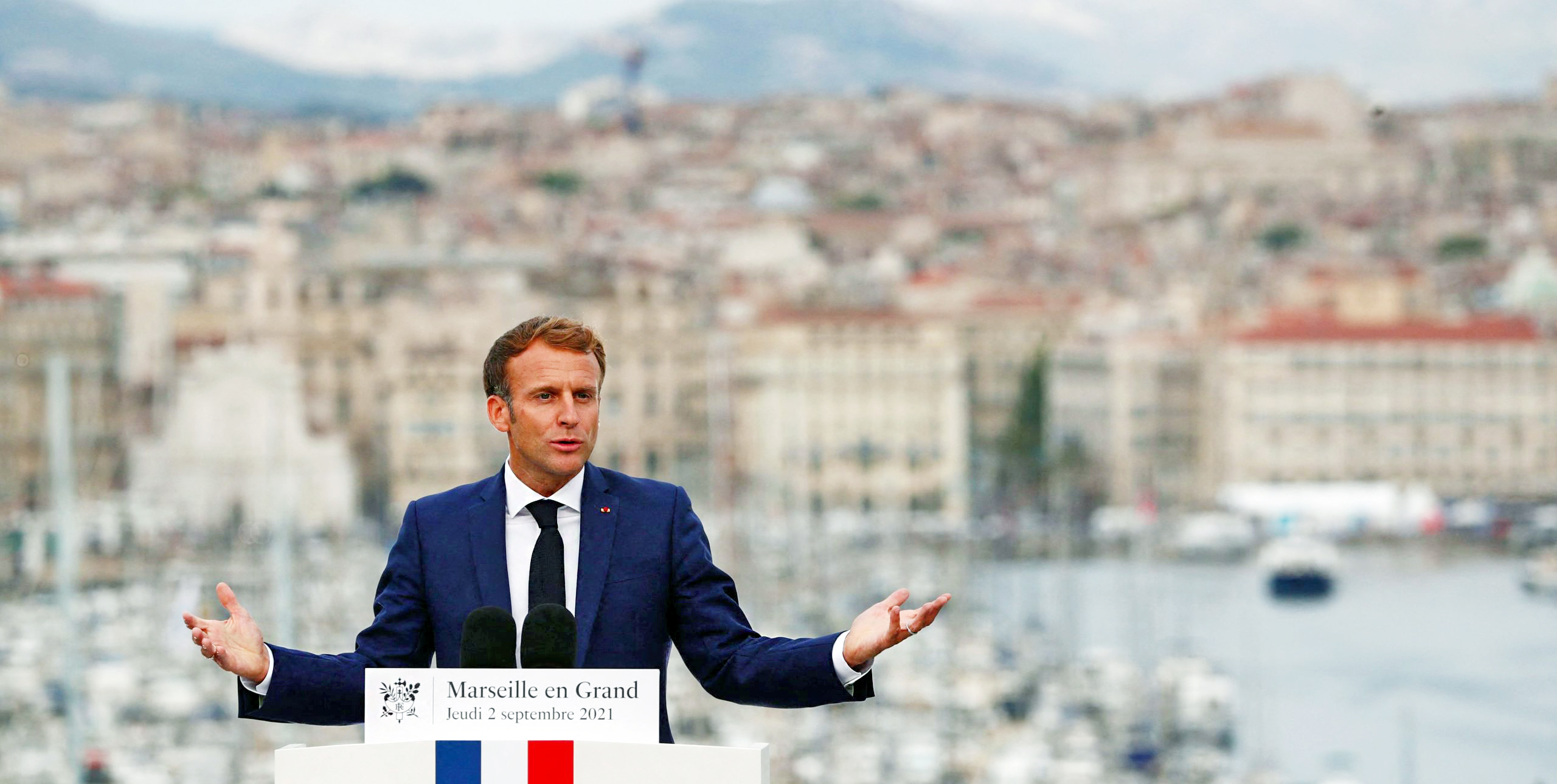 President Emmanuel Macron delivers a speech at the Palais du Pharo, Marseille. Credit: Getty