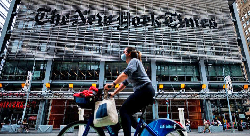 The New York Times building is seen on June 30, 2020 in New York City. - The New York Times has become the highest-profile media organization to leave Apple News, saying the tech giant's service was not helping achieve the newspaper's subscription and business goals. The daily's exit comes as news organizations around the world struggle with declining print readership and an online environment where ad revenue is dominated by Google and Facebook. (Photo by Johannes EISELE / AFP) (Photo by JOHANNES EISELE/AFP via Getty Images)
