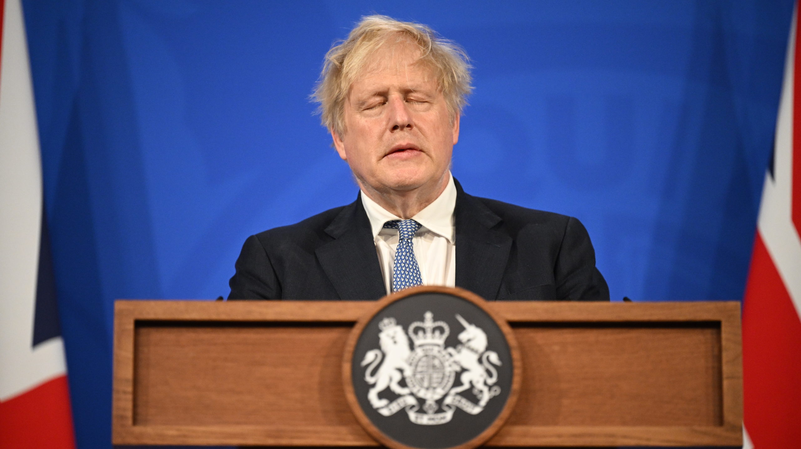 Boris Johnson holds a press conference in response to the publication of the Sue Gray report. Credit: Getty