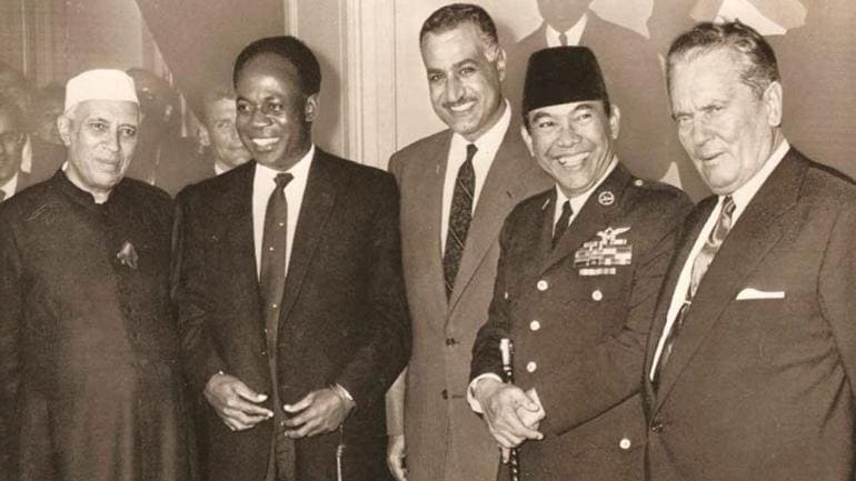 Jawaharlal Nehru, Kwame Nkrumah, Gamal Abdel Nasser, Sukarno, Josip Broz Tito at a NAM meeting