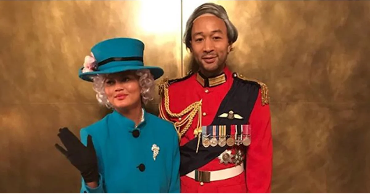 Chrissy Teigen (L) dressed as the Queen for Halloween in 2018