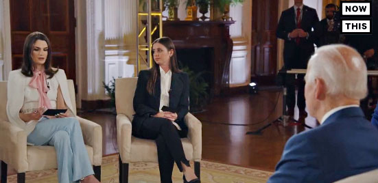 A screengrab of Joe Biden's interview with Dylan Mulvaney (L). Credit: NowThis