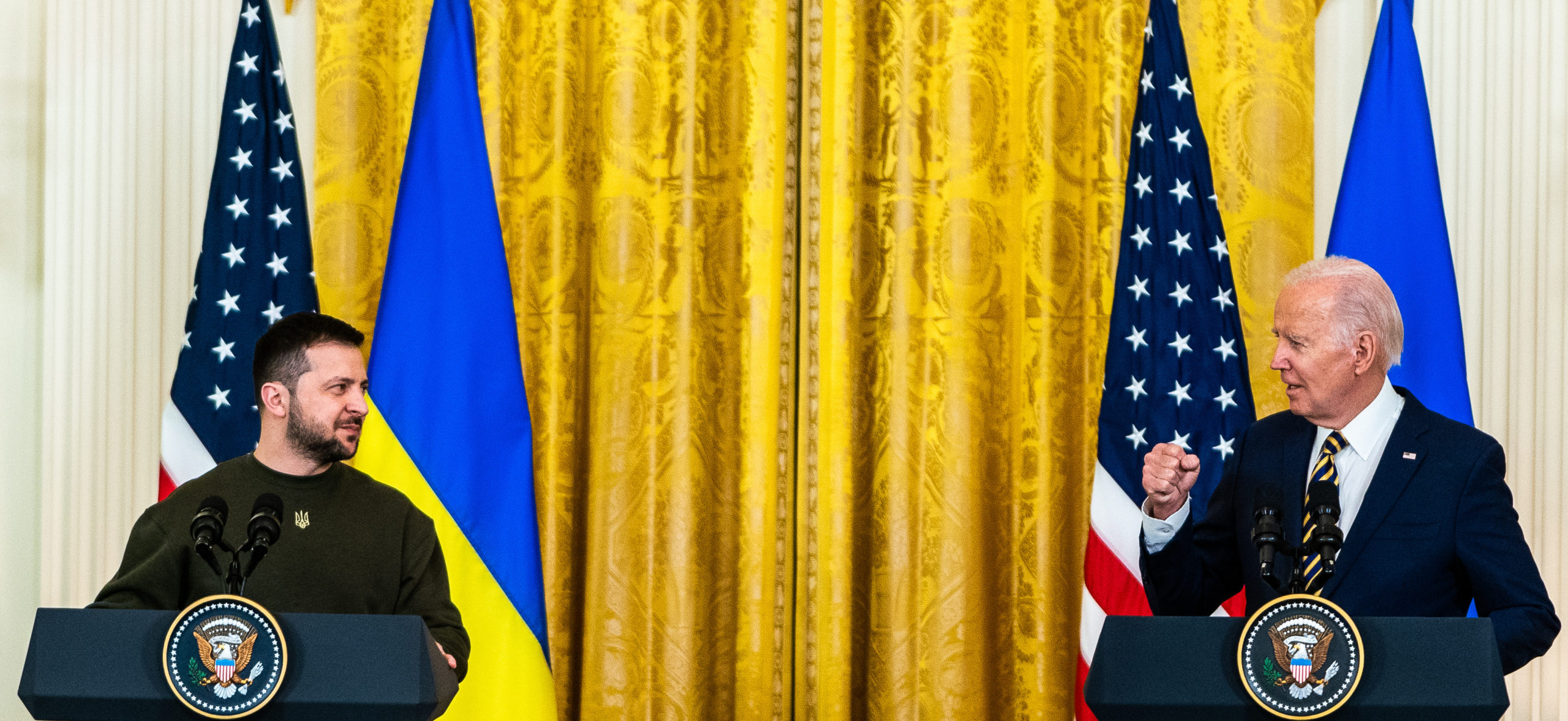 Joe Biden and Volodymyr Zelensky hold a press conference in the White House. Credit: Getty