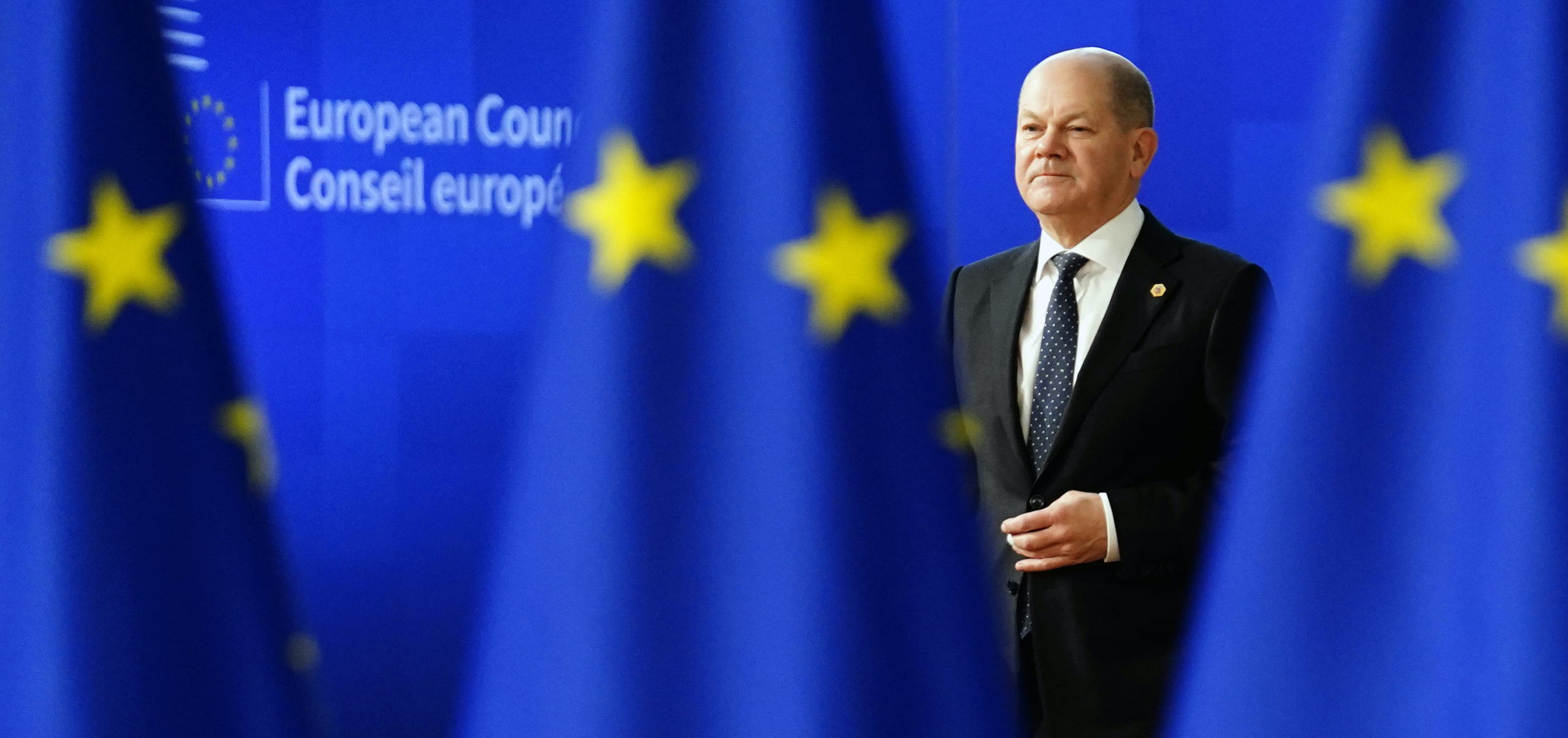 Chancellor of Germany Olaf Scholz cuts a lonely figure. Credit: Getty
