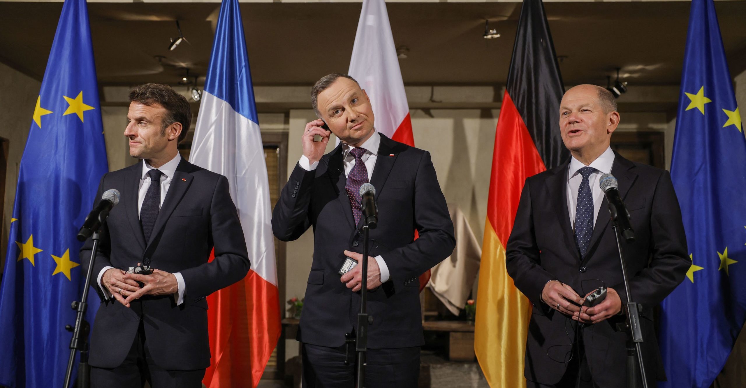 Emmanuel Macron (L), Andrzej Duda (C) and Olaf Scholz (R). Credit: Getty