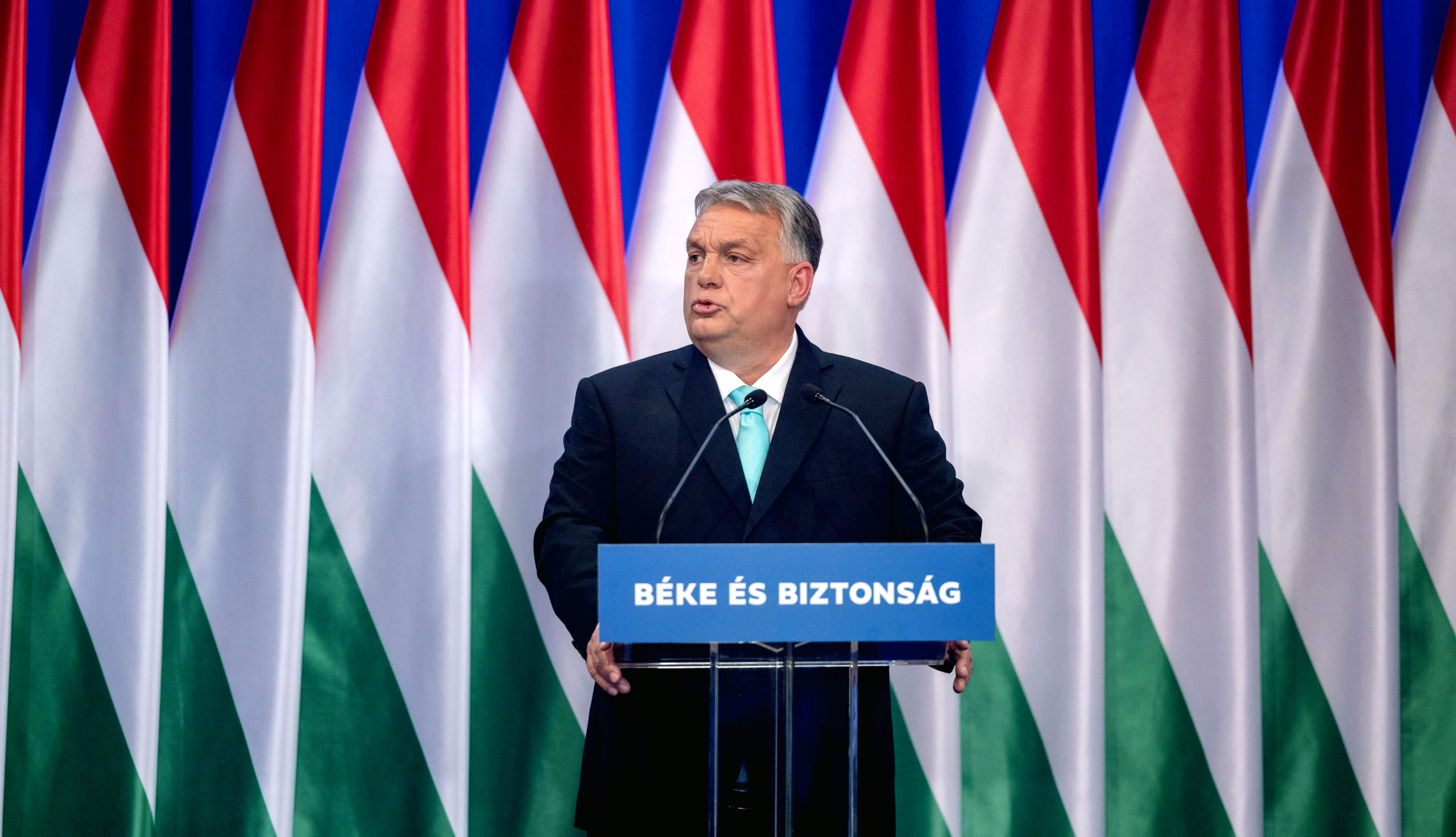BUDAPEST, HUNGARY - FEBRUARY 18: Viktor Orban, Hungary's prime minister delivers his year's annual assessment speech - which motto was "Peace and Security" - the during a government congress on February 18, 2023 in Budapest, Hungary. (Photo by Janos Kummer/Getty Images)