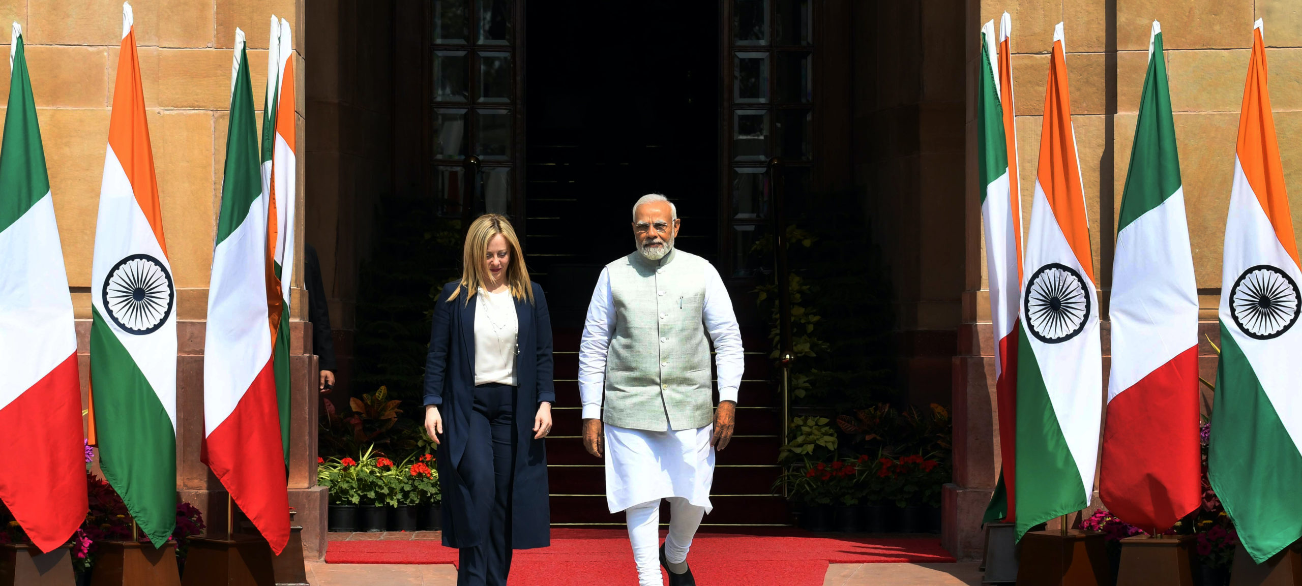 Narendra Modi welcomes Giorgia Meloni in New Delhi. Credit: Getty