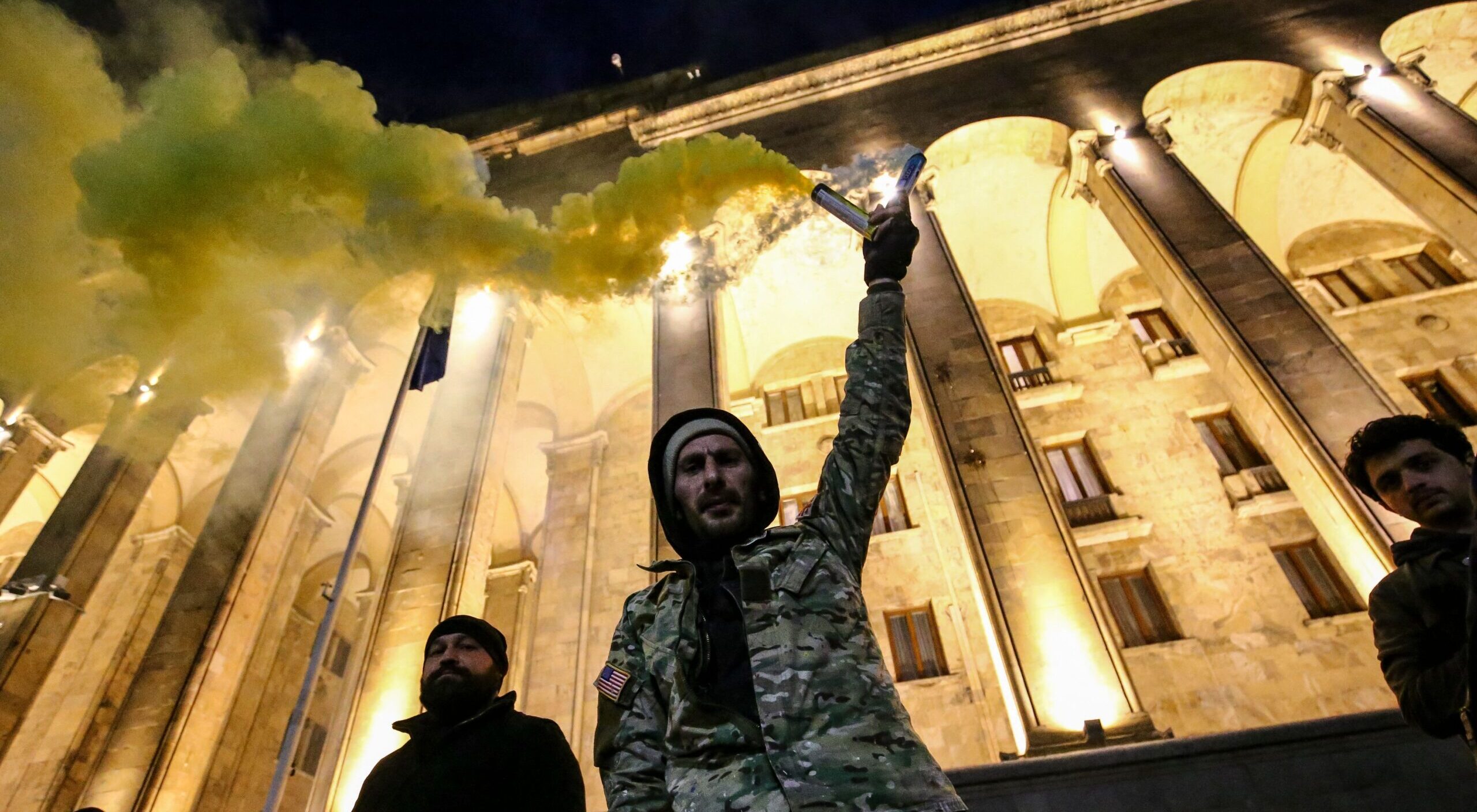 A protester in front of the Georgian parliament in Tbilisi on March 7, 2023. Credit: Getty