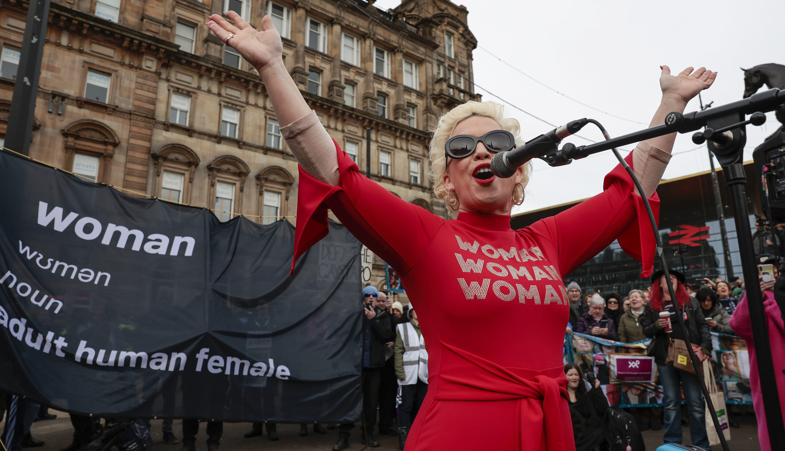 Posie Parker speaks in Glasgow last month. Credit: Getty