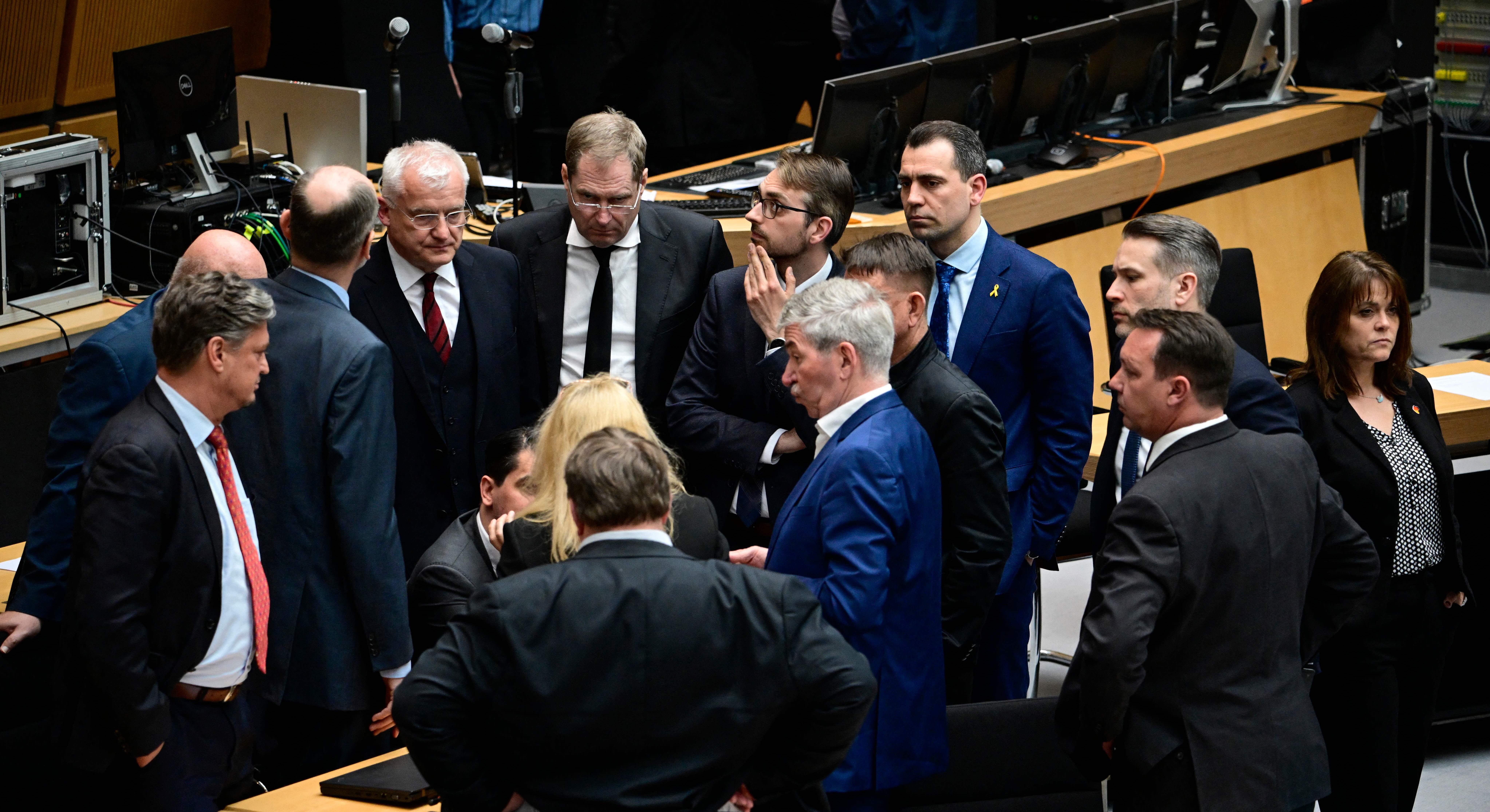AfD representatives confer during voting in Berlin on Thursday. Credit: Getty