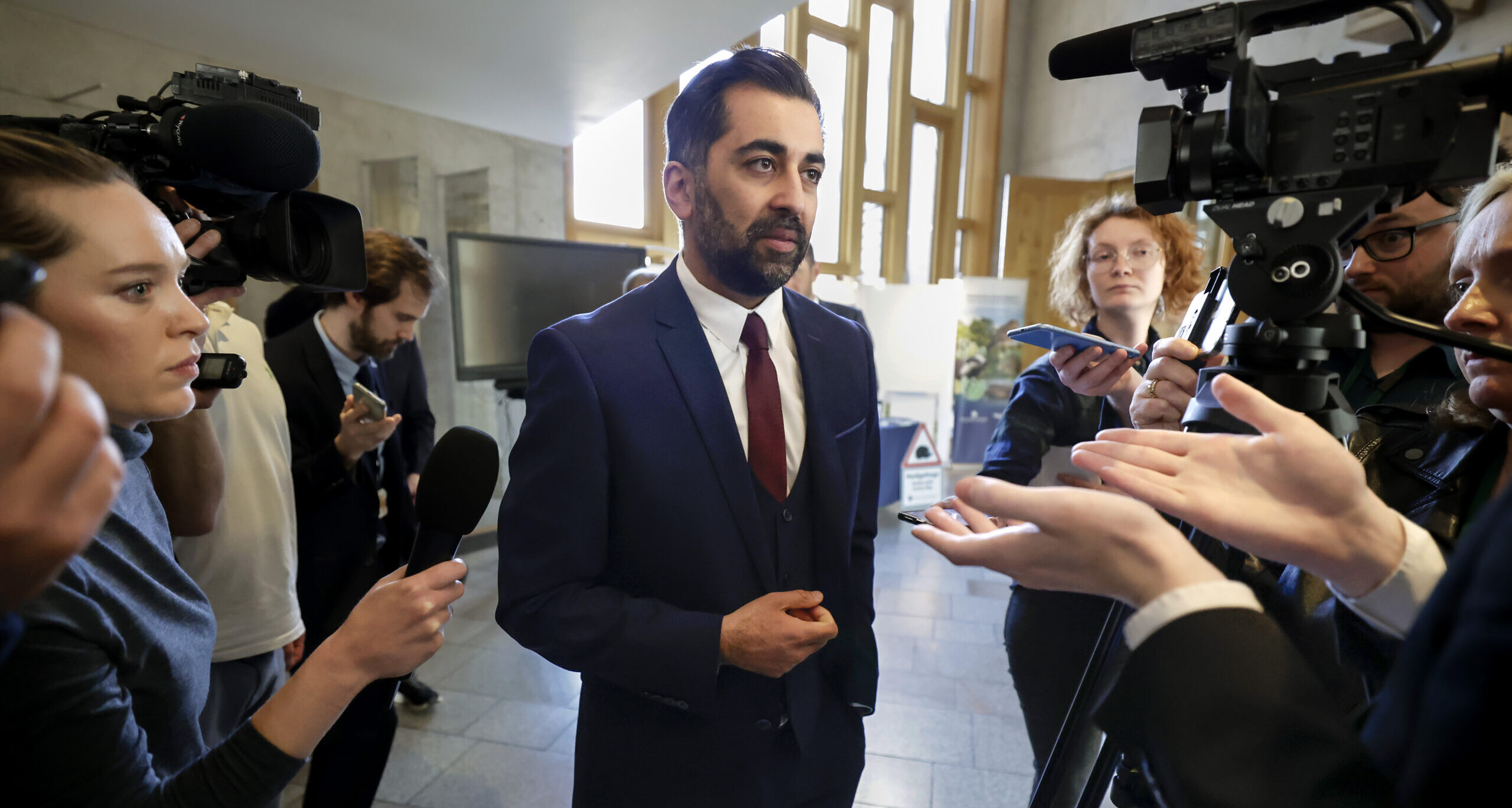 Humza Yousaf faces press after his maiden speech on 18th April. Credit: Getty