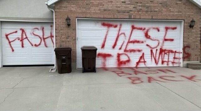 The graffitied exterior of state senator Mike Kennedy's home