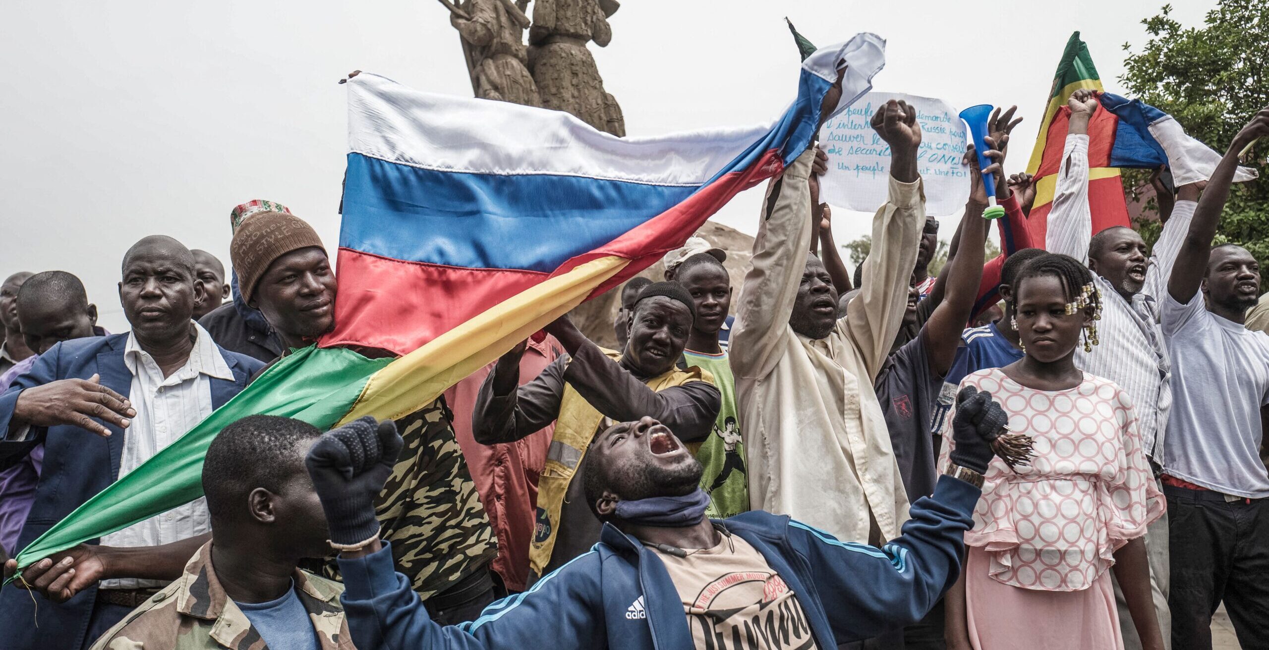 Russian flags feature during a demonstration against French influence in Mali. Credit: Getty