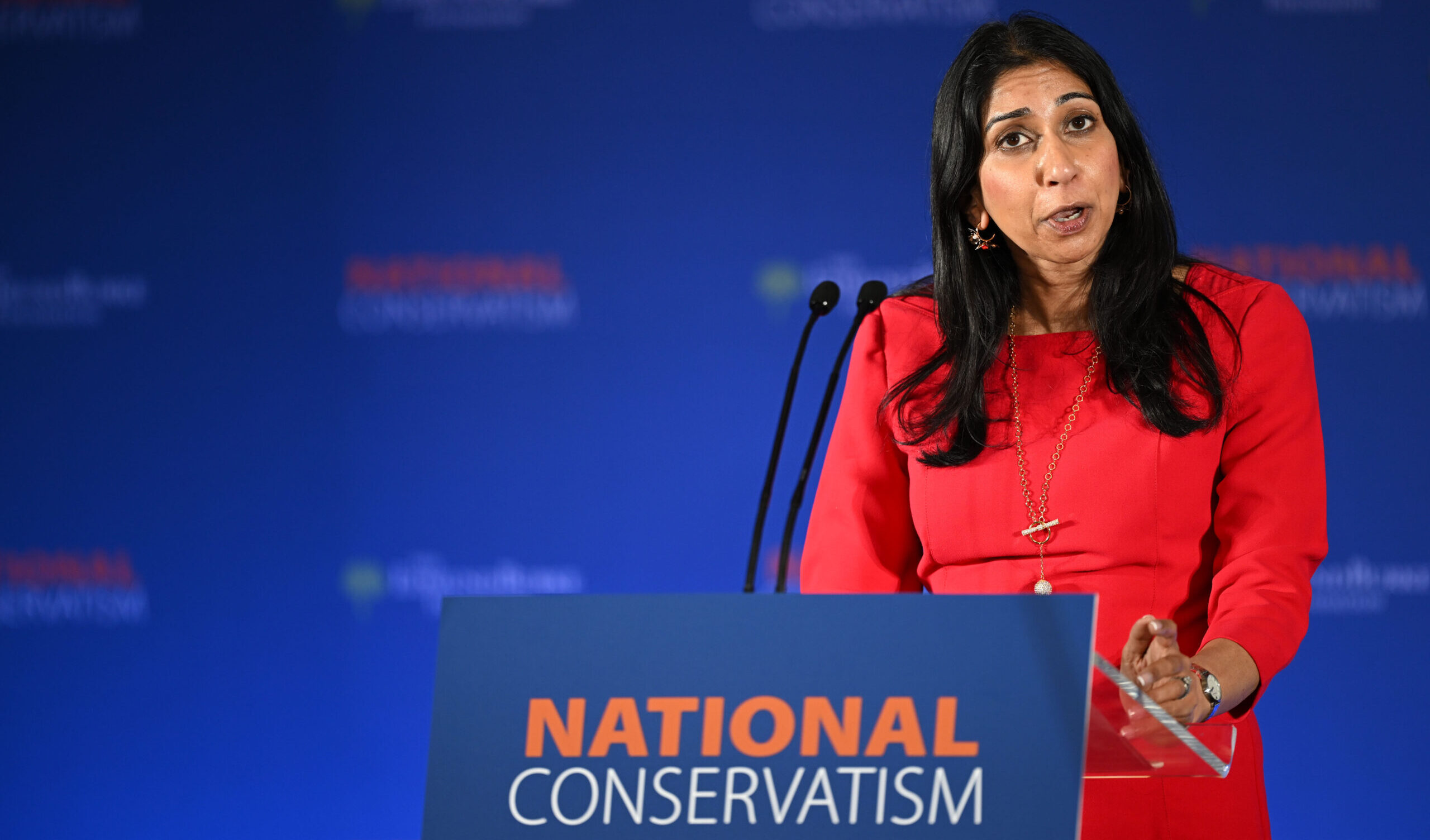 Suella Braverman speaks at the National Conservatism conference in London on Monday. Credit: Getty