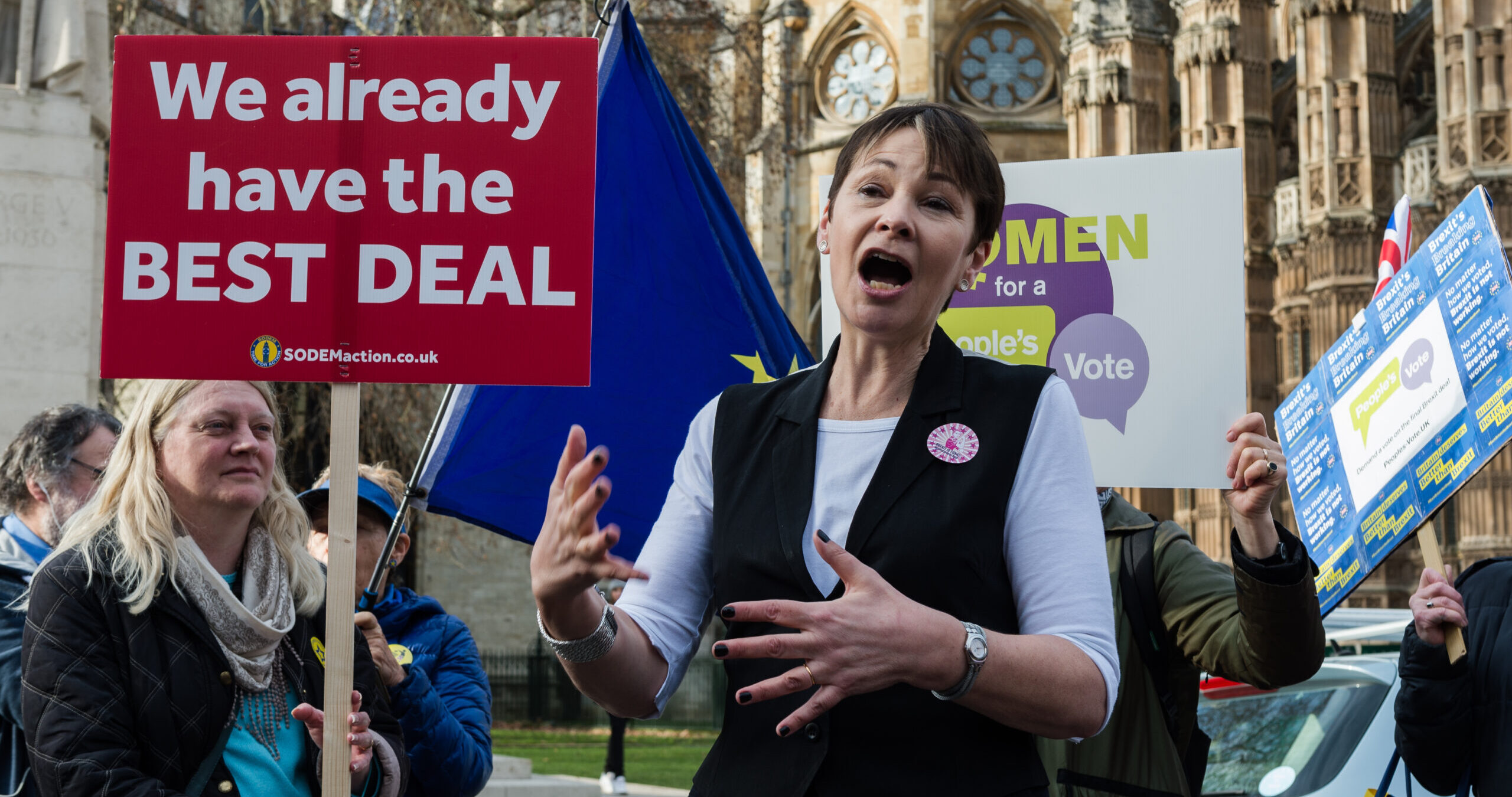Caroline Lucas speaks during an anti-Brexit protest in 2019. Credit: Getty