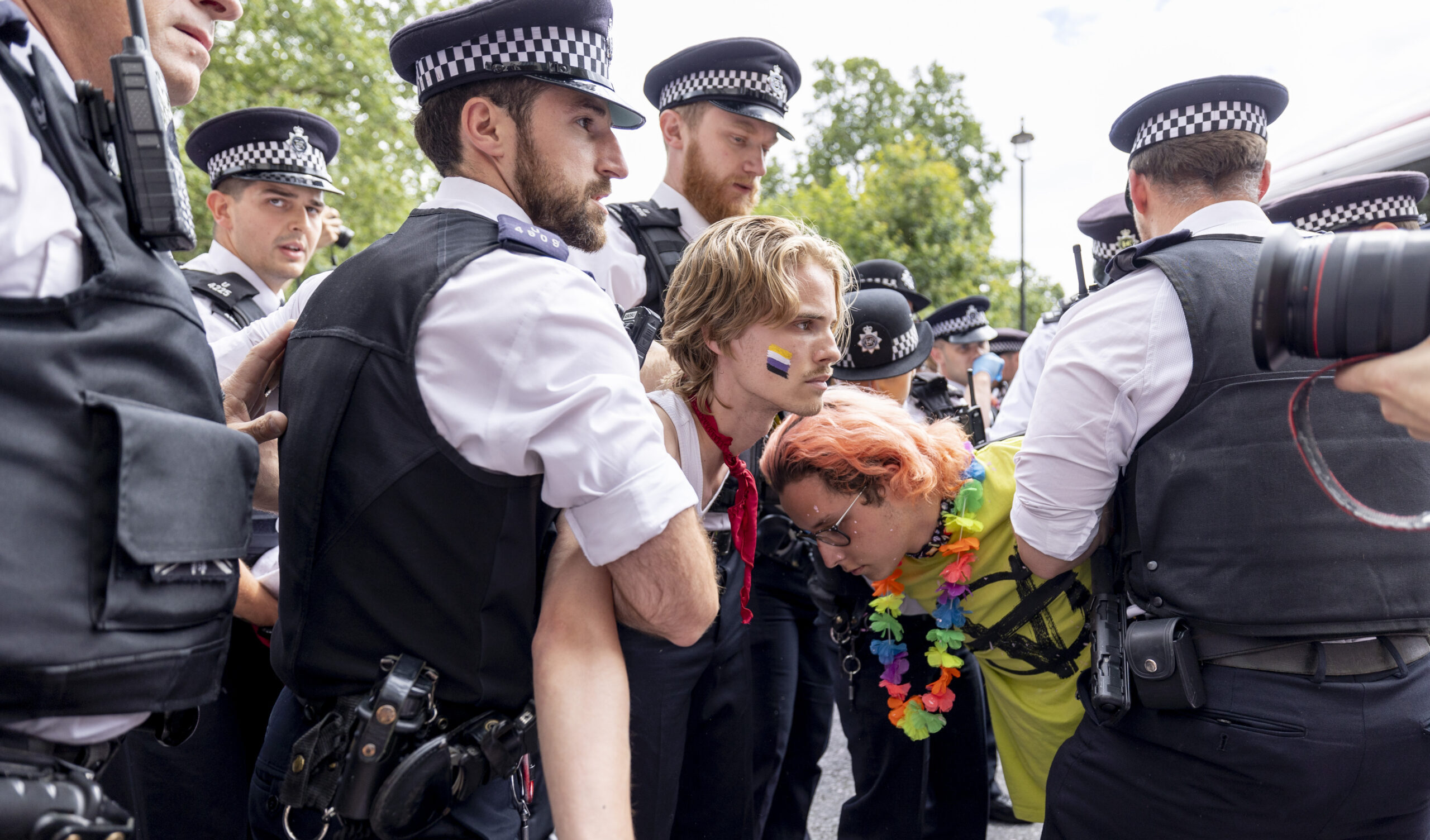 Police lift Just Stop Oil protestors after they disrupted a Pride parade in London on Saturday. Credit: Getty
