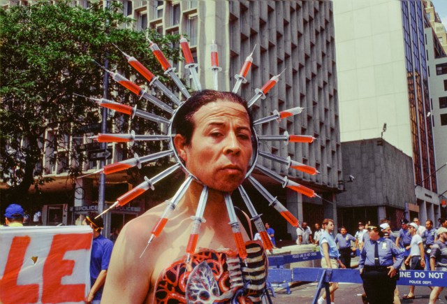 Chilean author and Aids activist Pedro Lemebel during New York's Gay Pride Parade in 1994 (Barbara Alper/Getty Images)