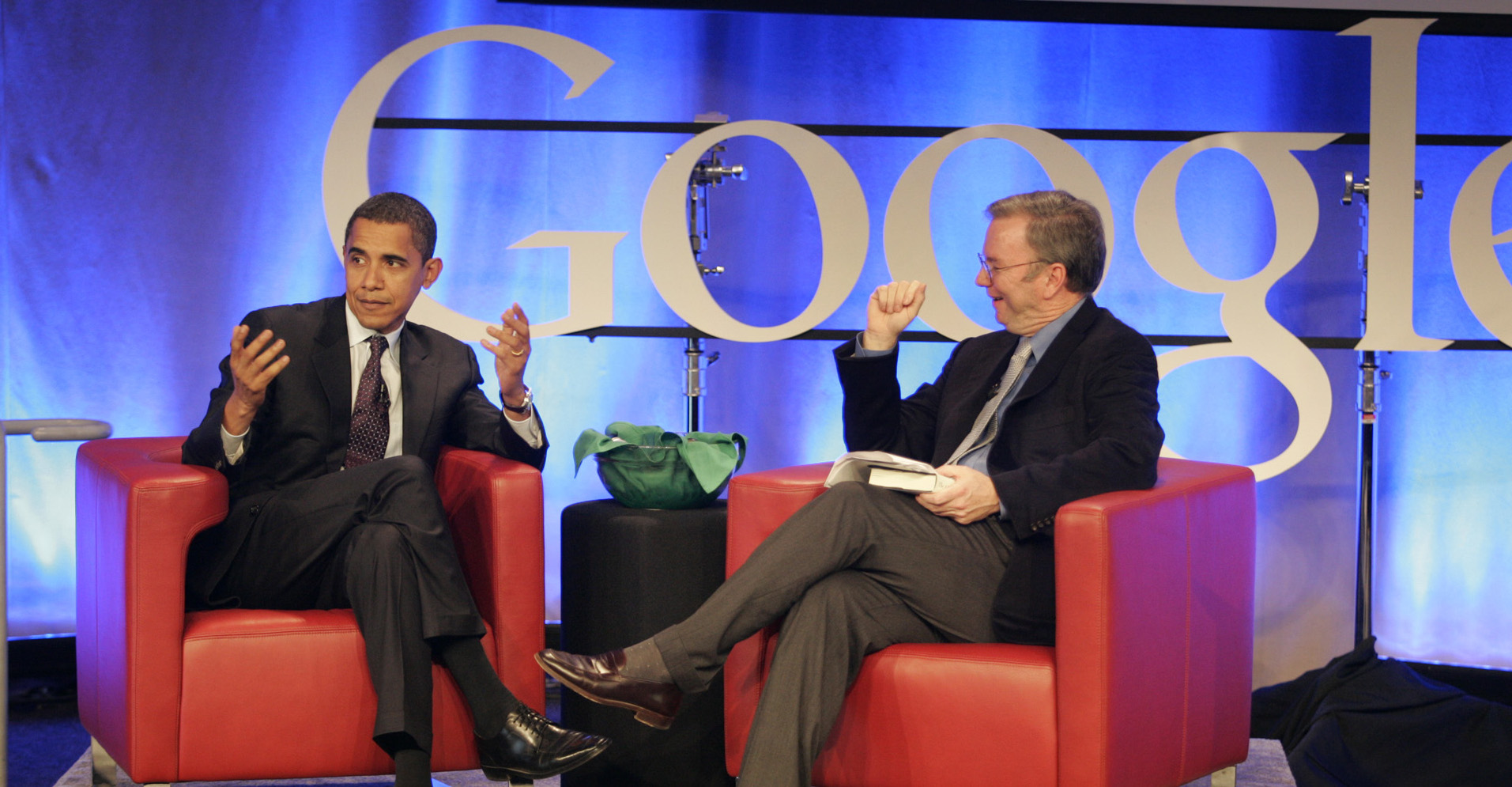 Then Senator Barack Obama answers questions from Google CEO Dr. Eric Schmidt. Credit: Getty
