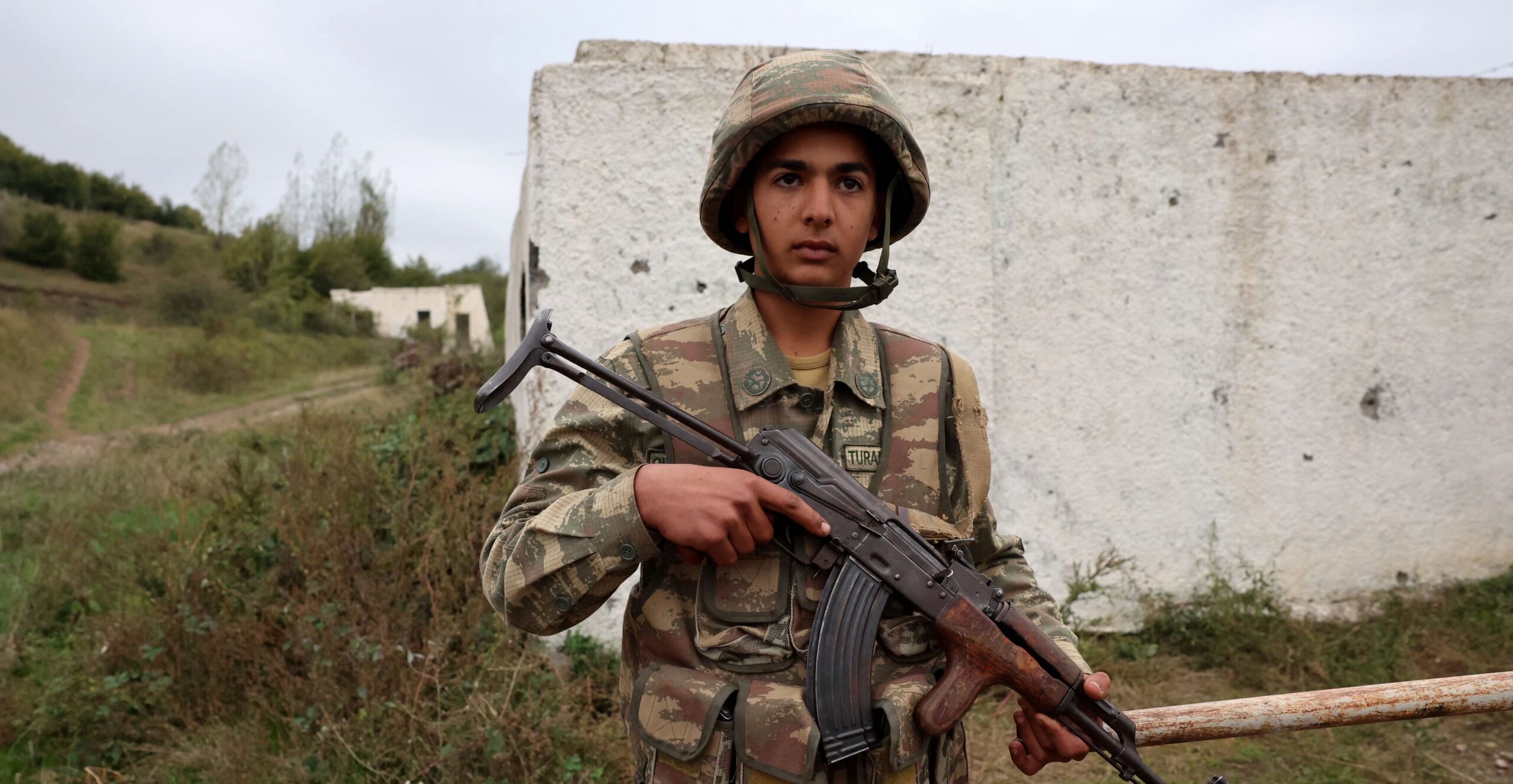 An Azerbaijani soldier stands guard at a base in Shusha, Nagorno-Karabakh. Credit: Getty