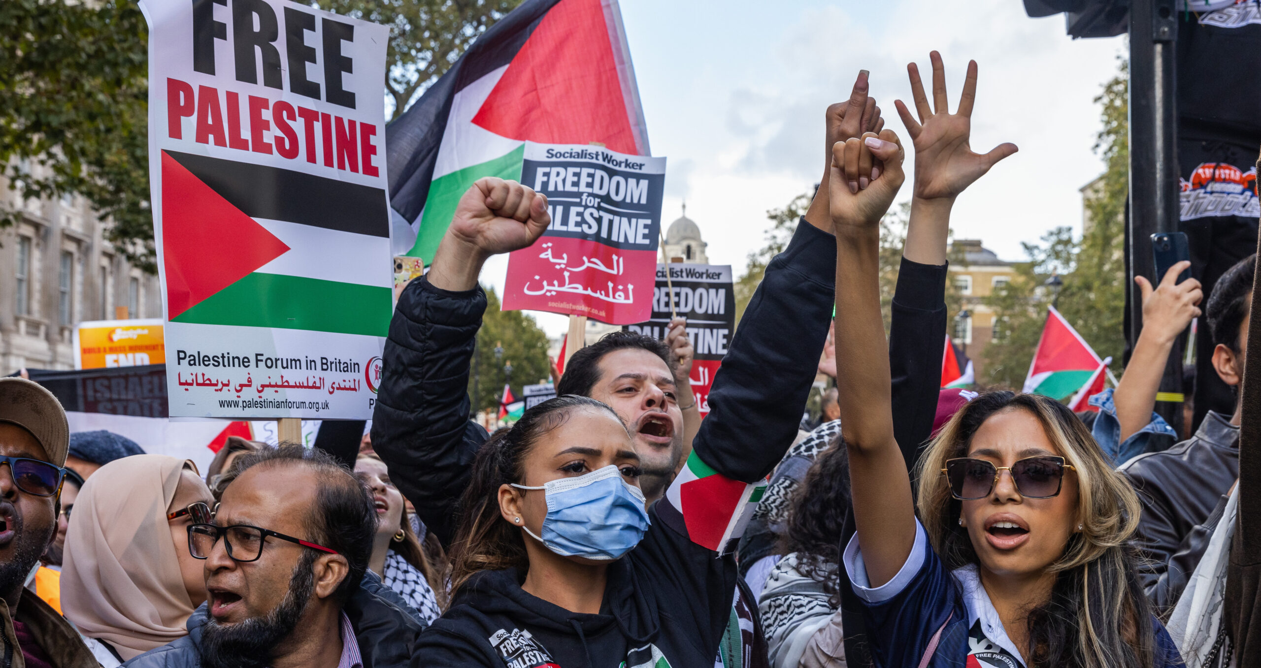 Pro-Palestinian demonstrators rally outside Downing Street. Credit: Getty