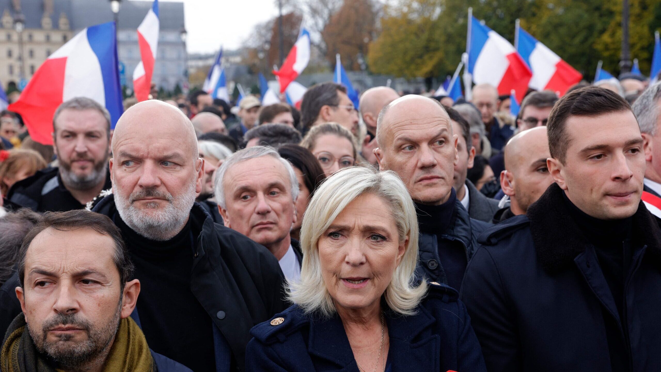 Marine Le Pen attends Sunday's march against antisemitism alongside RN officials. Credit: Getty