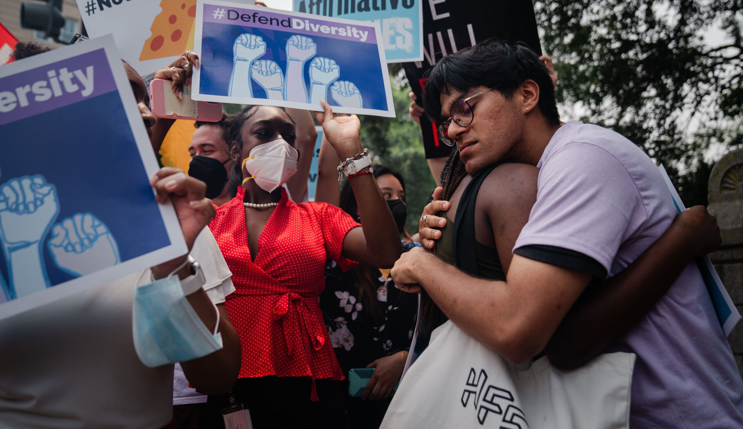 Students outside the Supreme Court earlier this year following a vote on race-based admissions. Credit: Getty