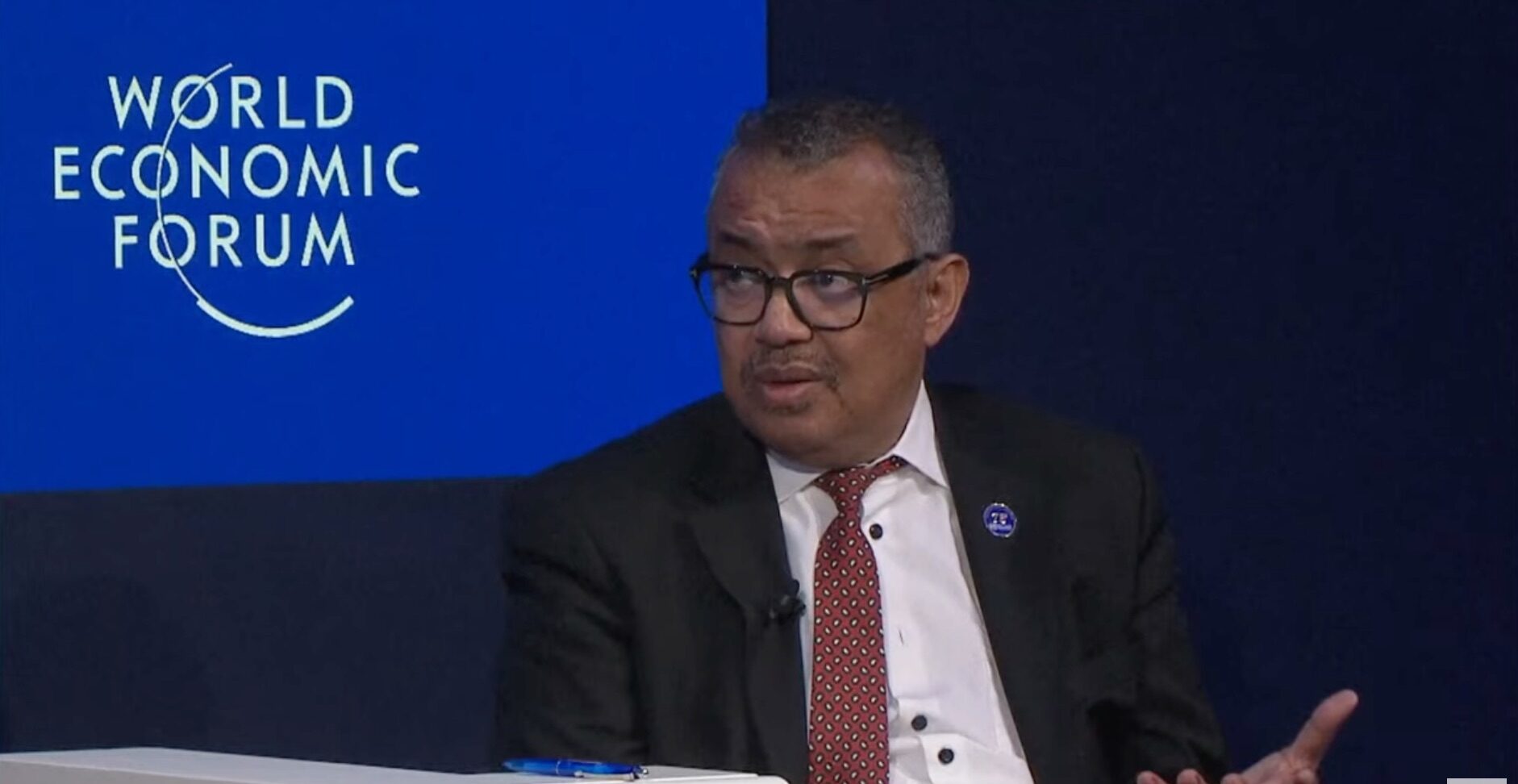 Tedros Adhanom Ghebreyesus speaks at the World Economic Forum today. Credit: WEF