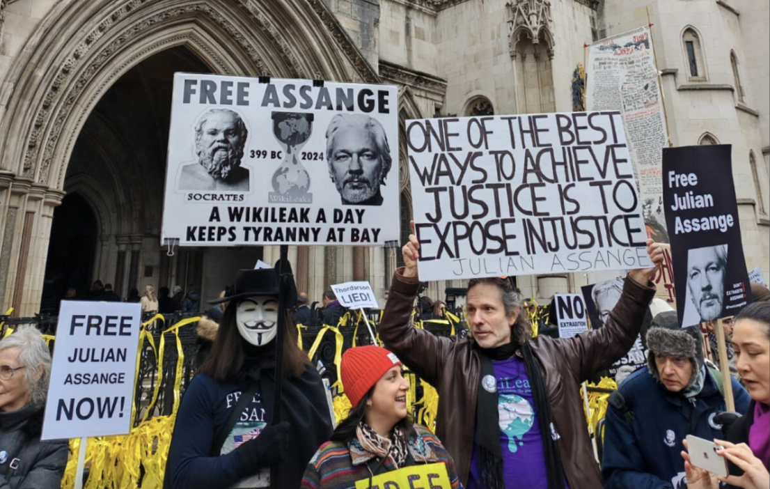Protestors outside the Royal Courts of Justice in London. Credit: X