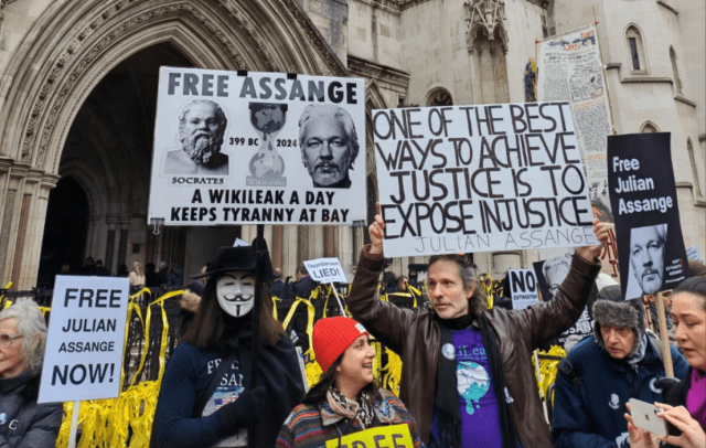 Protestors outside the Royal Courts of Justice in London. Credit: X