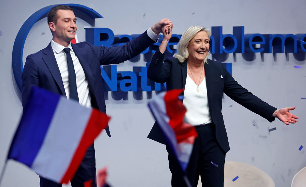 French youth idols Jordan Bardella and Marine Le Pen. Credit: Getty