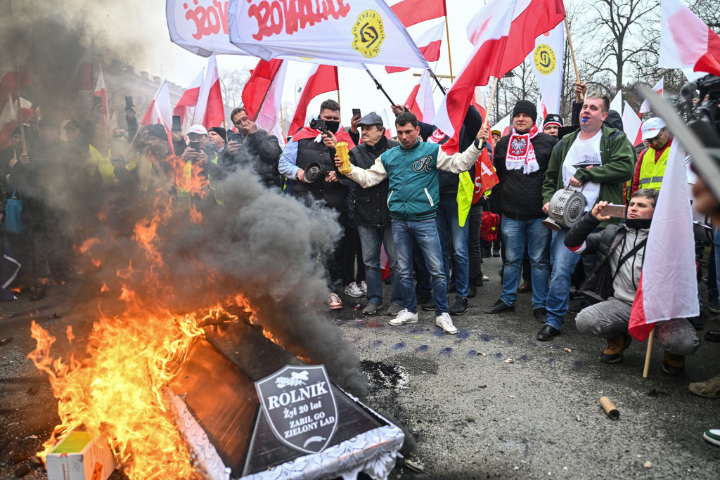Polish farmers protest in Warsaw against the EU today. Credit: Getty